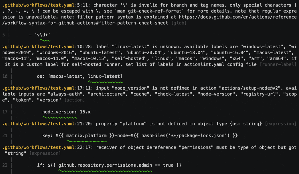 Screenshot of actionlint output in terminal.