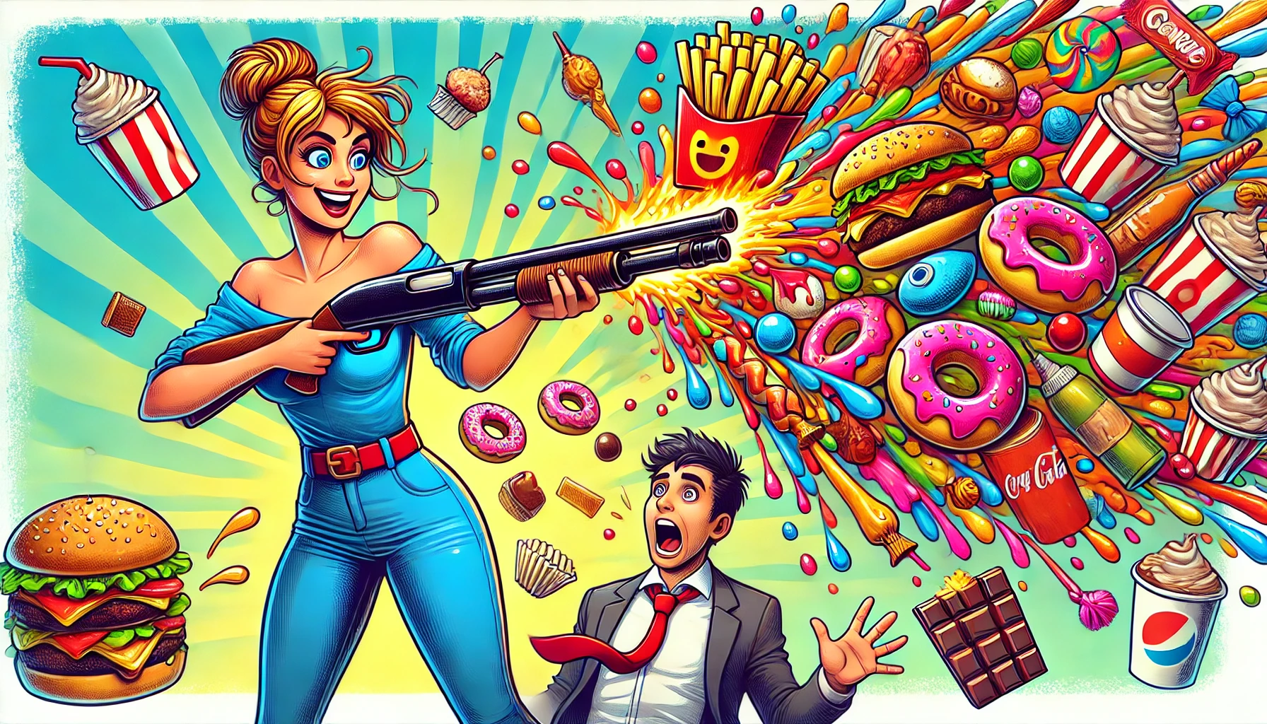 A woman holding a rifle that shoots a lot of food into a man's face.